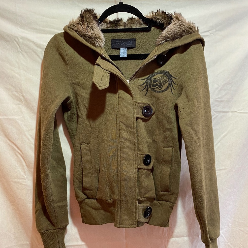 Fox girl olive zip up hoodie with fur